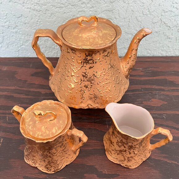* MINT* Vintage Holley Ross Weeping 22K Gold Tea Set: Teapot, Creamer & Sugar - Picture 4 of 16
